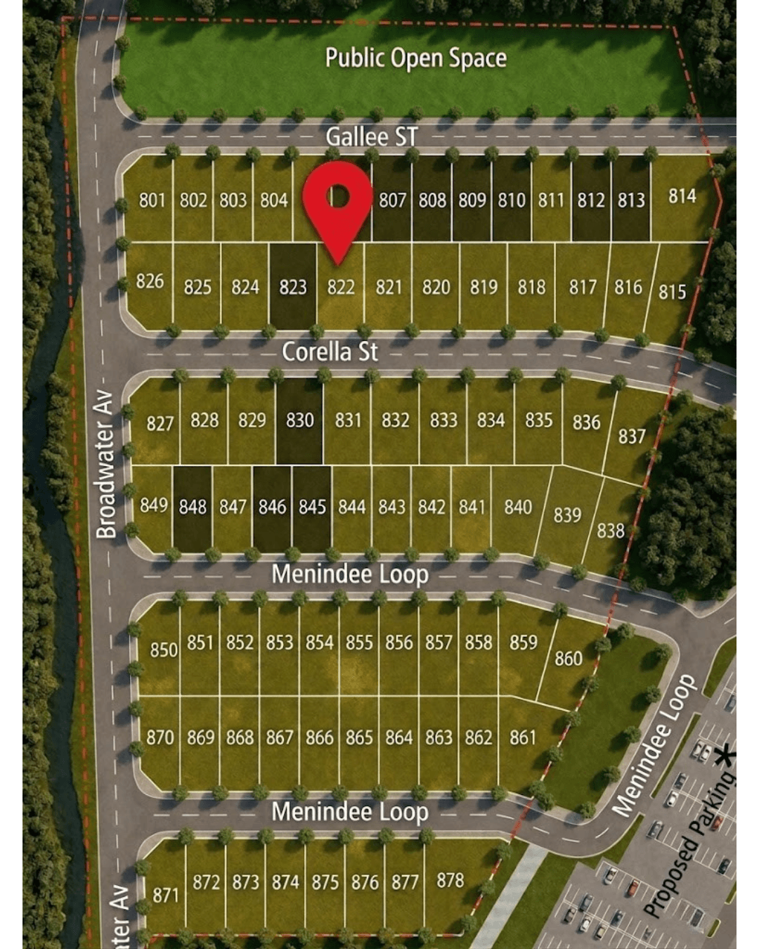 Site plan showing available lots and street layout