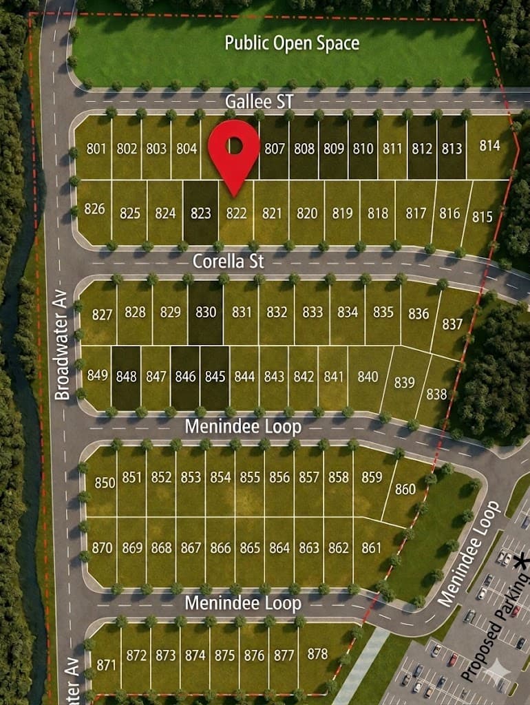 Site plan showing available lots and street layout